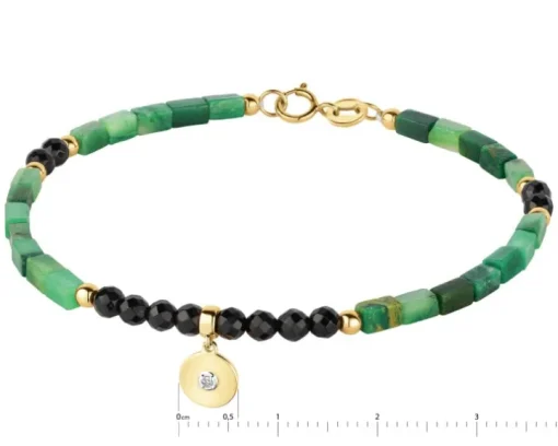 Bransoletka z diamentem, zoisytami,  agatami i elementami żółtego złota - koło - 18 cm - próba 375