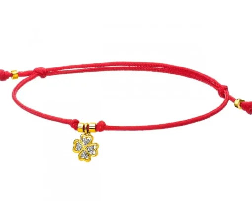 Bransoletka z elementami żółtego złota i diamentami - koniczyna - 0,01 ct - próba 375
