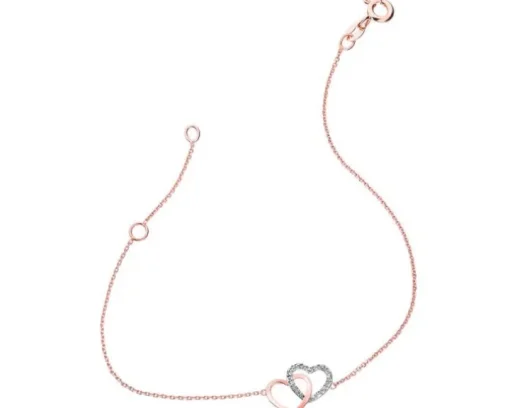Bransoletka z różowego złota z diamentem - serca - 0,003 ct - próba 375