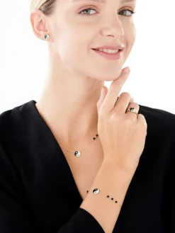 Bransoletka z żółtego złota z diamentami, emalią i agatami - yin yang - próba 375
