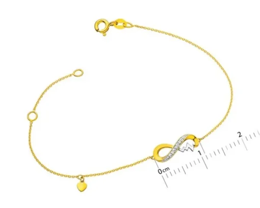 Bransoletka z żółtego złota z diamentami - nieskończoność, serce, EKG serca - 0,01 ct - próba 375