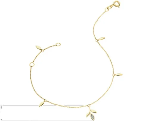 Bransoletka z żółtego złota z diamentem - liście - 0,004 ct - próba 375