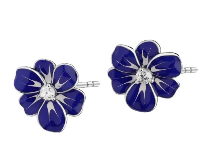 Kolczyki srebrne z cyrkoniami i emalią - kwiaty