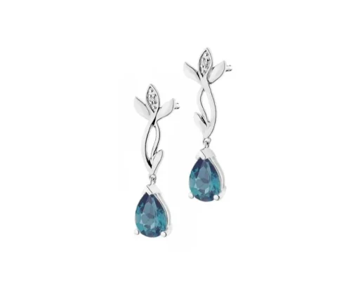 Kolczyki z białego złota z diamentami i topazami London Blue - liście - próba 585
