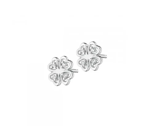 Kolczyki z białego złota z diamentami - koniczyny - 0,02 ct - próba 375