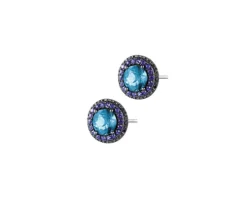 Kolczyki z białego złota z czarnymi diamentami, topazami London Blue i szafirami - próba 585