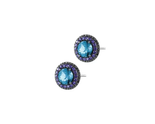 Kolczyki z białego złota z czarnymi diamentami, topazami London Blue i szafirami - próba 585