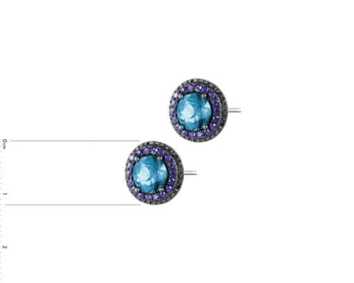 Kolczyki z białego złota z czarnymi diamentami, topazami London Blue i szafirami - próba 585