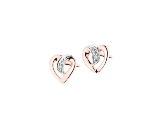 Kolczyki z różowego  złota z diamentami - serca - 0,005 ct - próba 375