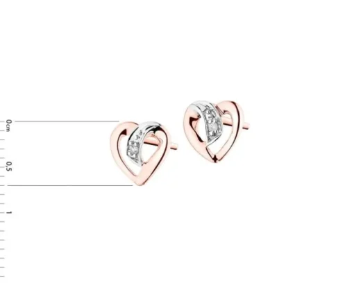 Kolczyki z różowego  złota z diamentami - serca - 0,005 ct - próba 375