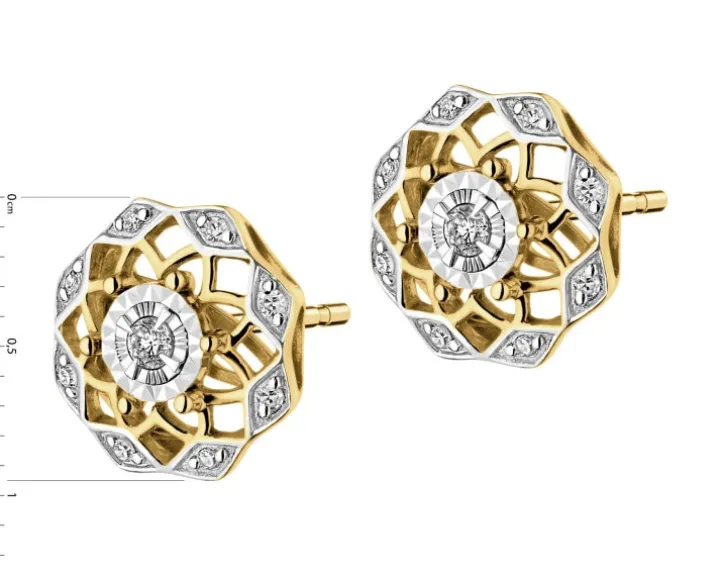 Kolczyki z żółtego i białego złota z diamentami - rozety - 0,08 ct - próba 585