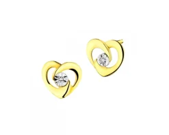 Kolczyki z żółtego i białego złota z diamentami - serca - 0,006 ct - próba 375