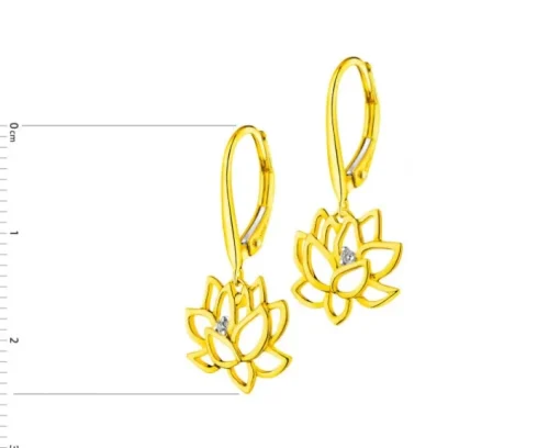 Kolczyki z żółtego złota z brylantami - kwiaty lotosu - 0,01 ct - próba 375