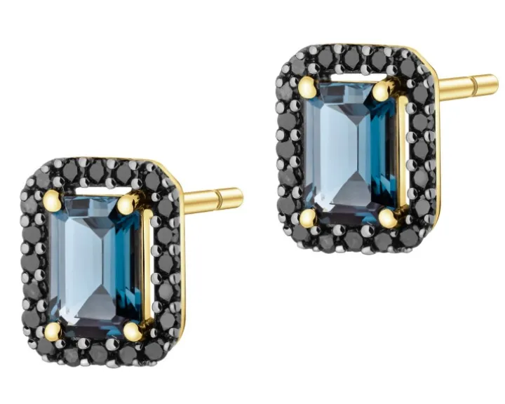 Kolczyki z żółtego złota z czarnymi brylantami i topazami London Blue - próba 585