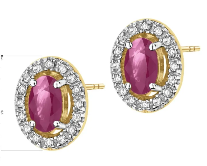 Kolczyki z żółtego złota z diamentami i rubinami - próba 585