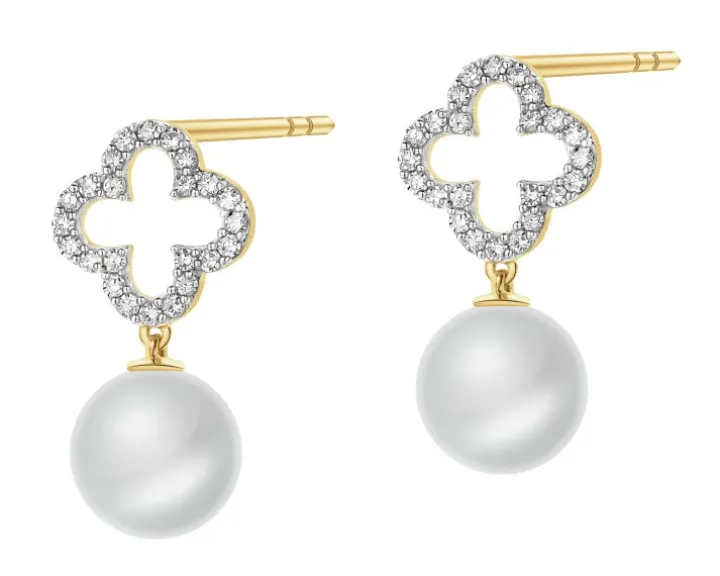 Kolczyki z żółtego złota z diamentami i perłami - próba 585