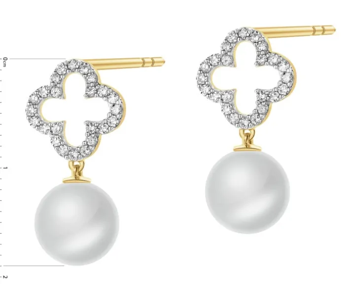 Kolczyki z żółtego złota z diamentami i perłami - próba 585