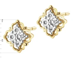 Kolczyki z żółtego złota z diamentami - kwiaty - 0,03 ct - próba 375