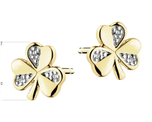 Kolczyki z żółtego złota z diamentami - koniczyny - 0,01 ct - próba 375