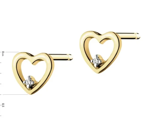 Kolczyki z żółtego złota z diamentami - serca - 0,008 ct - próba 585