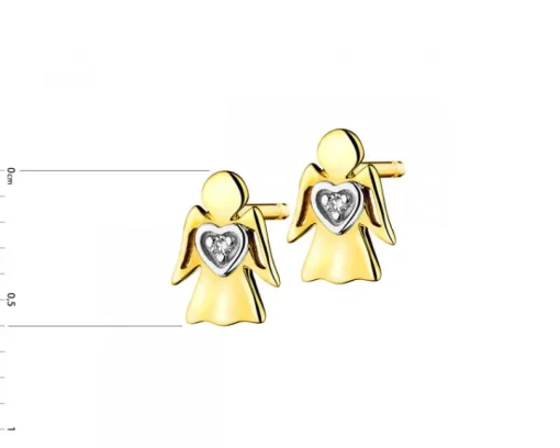 Kolczyki  z żółtego złota z diamentami - aniołki, serca - 0,006 ct - próba 375