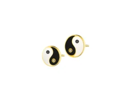 Kolczyki z żółtego złota z diamentami i emalią - yin yang - 0,01 ct - próba 375