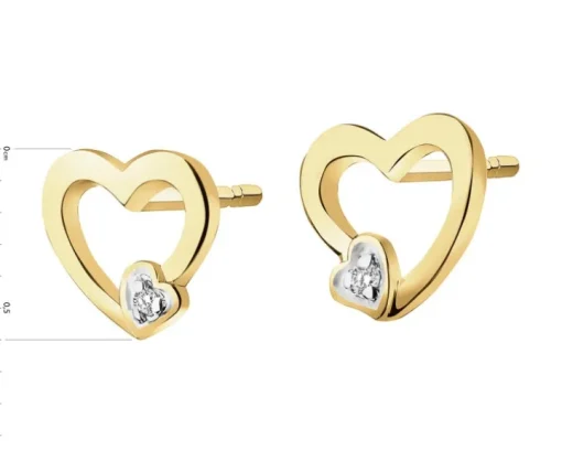 Kolczyki z żółtego złota z diamentami - serca - 0,008 ct - próba 375
