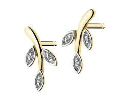 Kolczyki z żółtego złota z diamentami - liście - 0,01 ct - próba 375