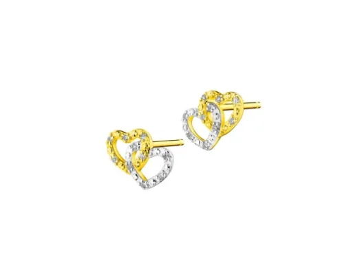 Kolczyki z żółtego złota z diamentami - serca - 0,06 ct - próba 375