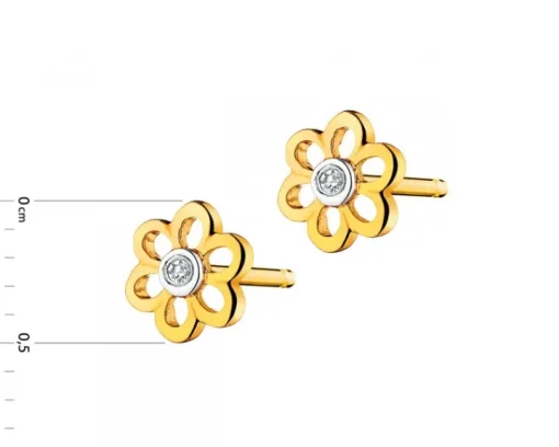 Kolczyki z żółtego złota z diamentami - kwiaty - 0,008 ct - próba 375