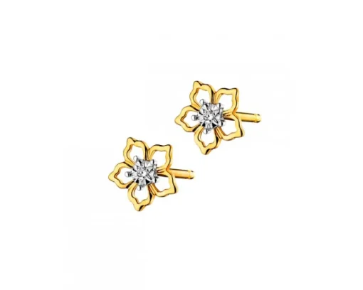 Kolczyki z żółtego złota z diamentami - kwiaty - 0,006 ct - próba 585
