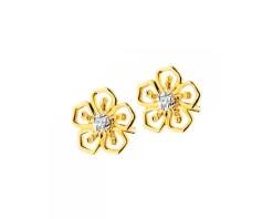Kolczyki z żółtego złota z diamentami - kwiaty - 0,01 ct - próba 375