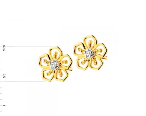 Kolczyki z żółtego złota z diamentami - kwiaty - 0,01 ct - próba 375