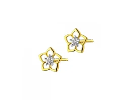 Kolczyki z żółtego złota z diamentami  - kwiaty - 0,006 ct - próba 585