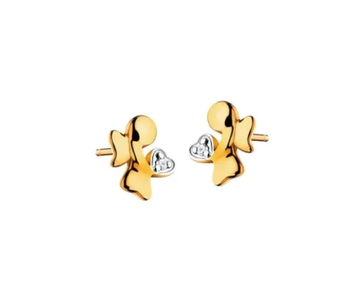 Kolczyki z żółtego złota z diamentami - aniołki, serca - 0,006 ct - próba 585
