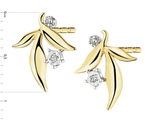 Kolczyki z żółtego złota z diamentami - liście - 0,01 ct - próba 585