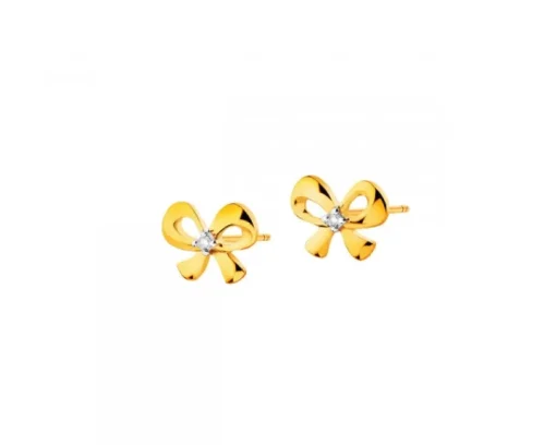 Kolczyki z żółtego złota z diamentami - kokardki - 0,01 ct - próba 375