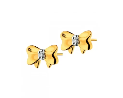 Kolczyki z żółtego złota z diamentami - kokardki - 0,006 ct - próba 585
