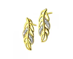 Kolczyki z żółtego złota z diamentami - piórka - 0,01 ct - próba 375
