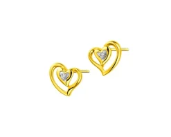 Kolczyki z żółtego złota z diamentami - serca - 0,01 ct - próba 375