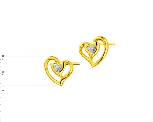 Kolczyki z żółtego złota z diamentami - serca - 0,01 ct - próba 375