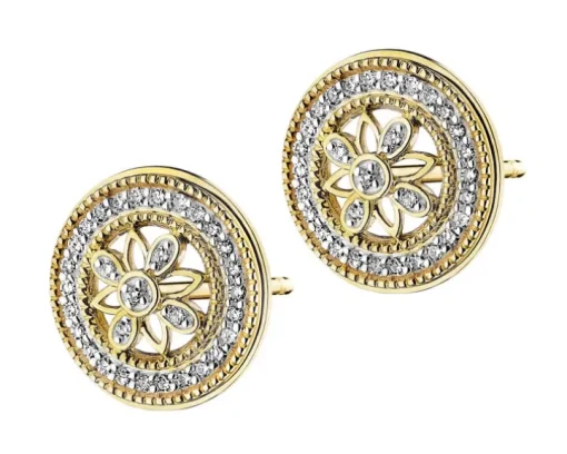 Kolczyki z żółtego złota z diamentami - rozety - 0,09 ct - próba 585