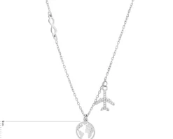 Naszyjnik srebrny z cyrkoniami - samolot, kula ziemska