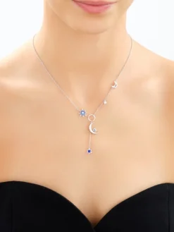 Naszyjnik srebrny z cyrkoniami i emalią - Księżyc, gwiazdy