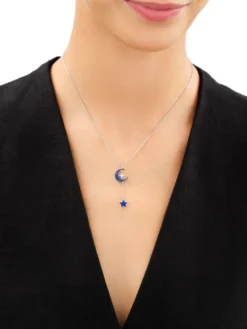Naszyjnik srebrny z cyrkoniami i emalią - Księżyc, gwiazdy