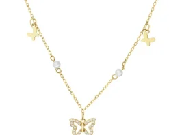 Naszyjnik srebrny z perłami i cyrkoniami - motyle