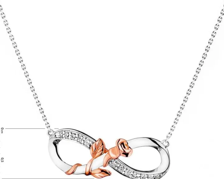 Naszyjnik z białego i różowego złota z diamentami - róża, nieskończoność - 0,06 ct - próba 375