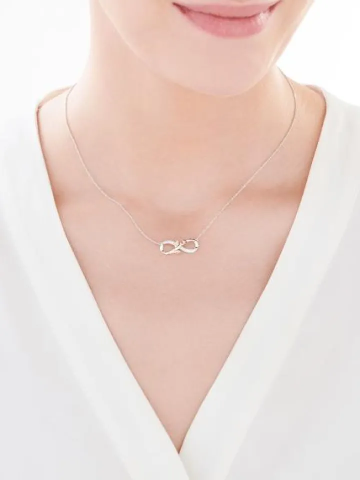 Naszyjnik z białego i różowego złota z diamentami - róża, nieskończoność - 0,06 ct - próba 375