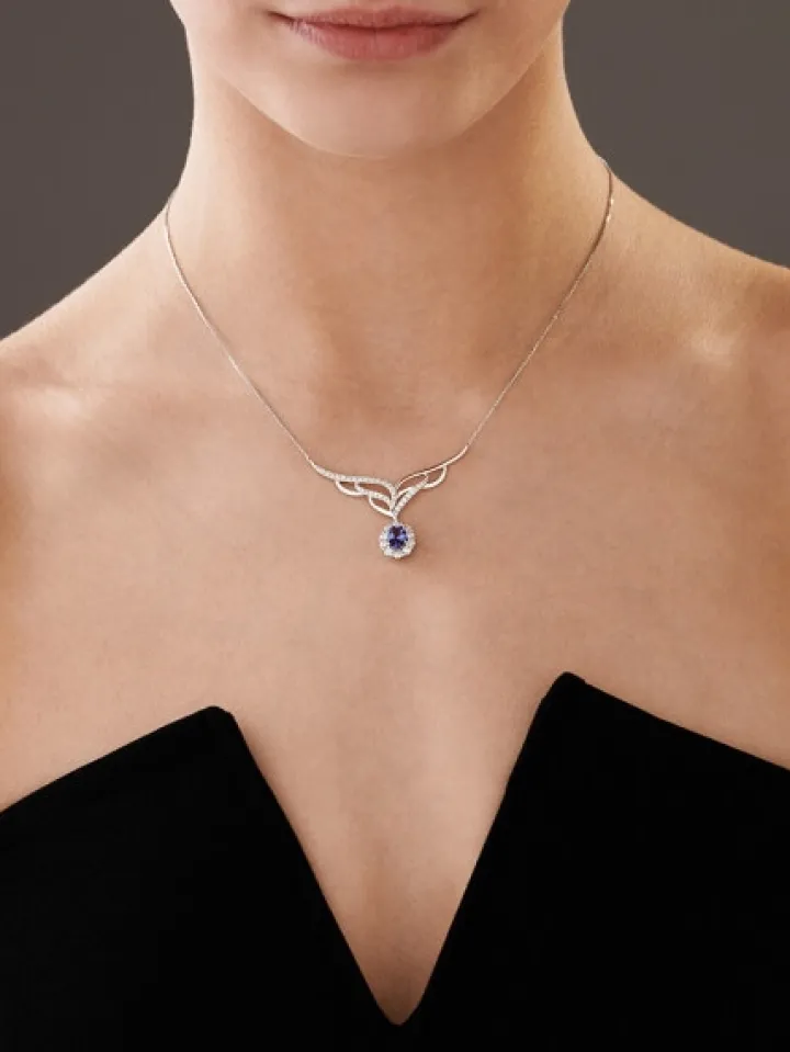 Naszyjnik z białego złota brylantami i tanzanitem - próba 585