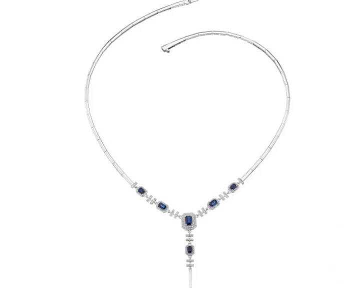Naszyjnik z białego złota z brylantami i szafirami - próba 585